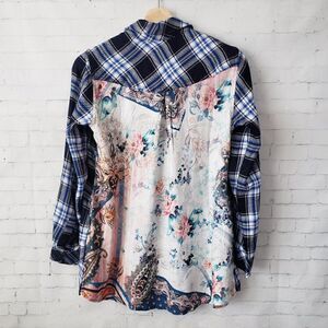 Tolani Anthropologie XS Petite Neicy Plaid Blue Floral Button Up Tunic Top NEW